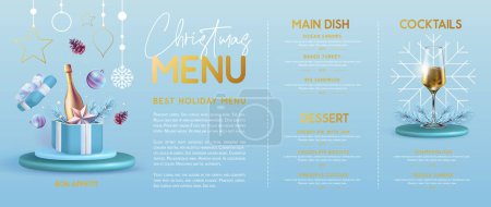 Ilustración de Restaurante Navidad menú de diseño con caja de regalo abierta, copa de champán, cono de pino y copos de nieve. Ilustración vectorial - Imagen libre de derechos