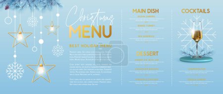 Illustration for Restaurant Christmas holiday menu design with stars, snowflakes, champagne glass and bottle. Vector illustration - Royalty Free Image