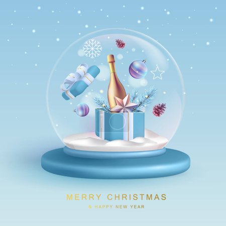 Illustration for Christmas snow globe with 3D champagne bottle, Christmas tree branch, pine cone, star and gift box. Vector illustration - Royalty Free Image