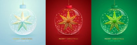 Illustration for Set of Christmas transparent glass balls with star and holiday string of lights. Christmas greeting card. Vector illustration. - Royalty Free Image