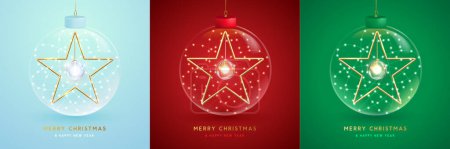 Ilustración de Set de bolas de cristal transparente navideño con estrellas y cadena de luces navideñas. Tarjeta de felicitación navideña. Ilustración vectorial. - Imagen libre de derechos