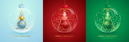 Illustration for Set of Christmas transparent glass balls with plastic Christmas trees and holiday string of lights. Christmas greeting card. Vector illustration. - Royalty Free Image