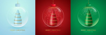 Illustration for Set of Christmas transparent glass balls with plastic Christmas trees and and snowdrift. Christmas greeting card. Vector illustration. - Royalty Free Image