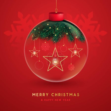 Ilustración de Bola de vidrio de Navidad con rama de árbol de Navidad, cono de pino y lámparas de estrellas brillantes. Tarjeta de felicitación navideña. Ilustración vectorial - Imagen libre de derechos