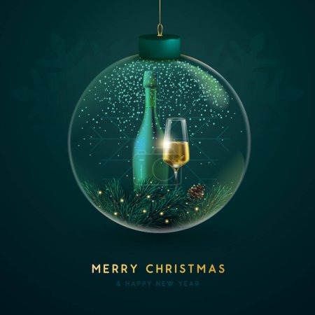 Téléchargez les illustrations : Boule de verre de Noël avec branche d'arbre de Noël, neige dérivante, verre de champagne et bouteille. Carte de vœux de Noël. Illustration vectorielle - en licence libre de droit