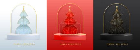 Téléchargez les illustrations : Ensemble d'arrière-plans vitrine de Noël de vacances avec podium 3D et arbre de Noël. Illustration vectorielle - en licence libre de droit