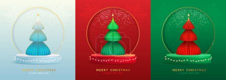 Illustration for Set of holiday Christmas showcase backgrounds with 3d podium and Christmas tree. Vector illustration - Royalty Free Image
