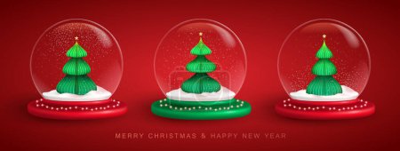 Ilustración de Set of Christmas snow globes with 3D Christmas tree. Merry Christmas and Happy new Year holiday greeting card. Vector illustration - Imagen libre de derechos