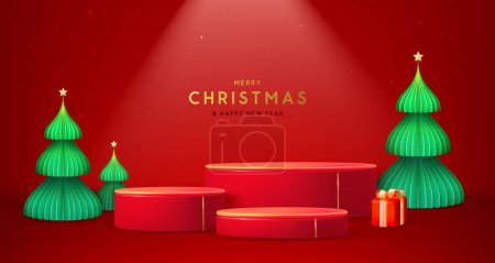 Téléchargez les illustrations : Fête Noël vitrine fond rouge avec podium 3d et arbre de Noël. Scène minimale abstraite. Illustration vectorielle - en licence libre de droit