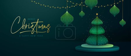 Illustration for Holiday Christmas showcase green background with 3d podium and Christmas tree. Abstract minimal scene. Vector illustration - Royalty Free Image