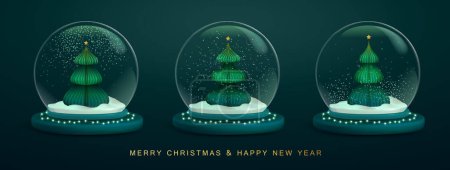 Ilustración de Set of Christmas snow globes with 3D Christmas tree. Merry Christmas and Happy new Year holiday greeting card. Vector illustration - Imagen libre de derechos