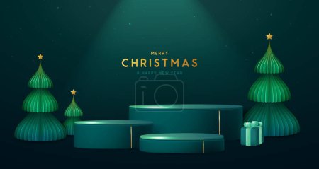 Téléchargez les illustrations : Vitrine de Noël de vacances fond vert émeraude avec podium 3d et arbre de Noël. Scène minimale abstraite. Illustration vectorielle - en licence libre de droit