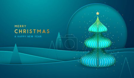 Téléchargez les illustrations : Fond bleu Noël vacances avec paysage abstrait et arbre de Noël. Conception de papier. Illustration vectorielle - en licence libre de droit