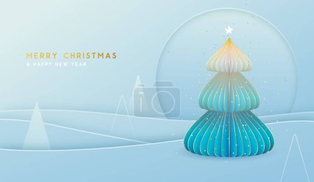 Téléchargez les illustrations : Fond bleu Noël vacances avec paysage abstrait et arbre de Noël. Conception de papier. Illustration vectorielle - en licence libre de droit