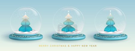 Illustration for Set of Christmas snow globes with 3D Christmas tree. Merry Christmas and Happy new Year holiday greeting card. Vector illustration - Royalty Free Image