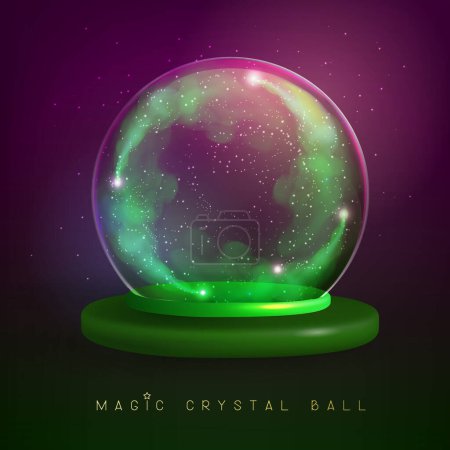 Téléchargez les illustrations : Boule de cristal magique en verre avec de la fumée ou de la vapeur scintillante verte à l'intérieur. Illustration vectorielle - en licence libre de droit