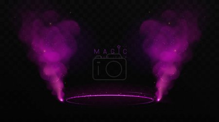 Téléchargez les illustrations : Piste brillante violette magique scintillante avec scène au néon. Flux de fumée violette réaliste ou nuages isolés sur fond noir. Illustration vectorielle - en licence libre de droit