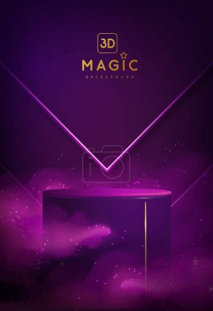 Ilustración de Fondo violeta mágico escaparate con el podio 3d y la niebla purpure o vapor. Brillante rastro brillante. Ilustración vectorial - Imagen libre de derechos