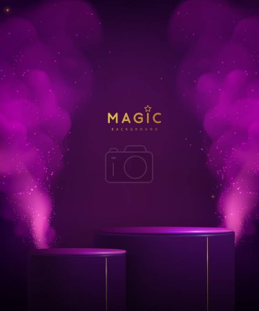 Téléchargez les illustrations : Vitrine violette magique avec podium 3d et brouillard ou vapeur purpure. Sentier lumineux et brillant. Illustration vectorielle - en licence libre de droit