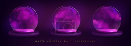 Téléchargez les illustrations : Ensemble de boules de cristal magiques avec fumée violette ou vapeur à l'intérieur. Illustration vectorielle - en licence libre de droit
