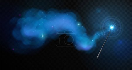 Téléchargez les illustrations : Baguette magique avec piste brillante bleue isolée sur fond transparent noir. Illustration vectorielle - en licence libre de droit