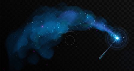 Illustration for Magic wand with blue glowing shiny trail isolated on black transparent background. Vector illustration - Royalty Free Image