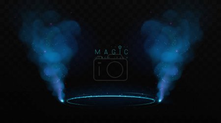 Téléchargez les illustrations : Vitrine magique fond avec podium 3d et brouillard bleu ou vapeur. Sentier lumineux et brillant. Illustration vectorielle - en licence libre de droit