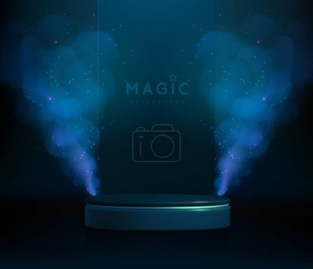 Illustration for Magic blue showcase background with 3d podium and blue fog or steam. Glowing shiny trail. Vector illustration - Royalty Free Image