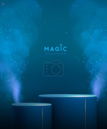 Ilustración de Fondo azul mágico escaparate con el podio 3d y la niebla azul o vapor. Brillante rastro brillante. Ilustración vectorial - Imagen libre de derechos