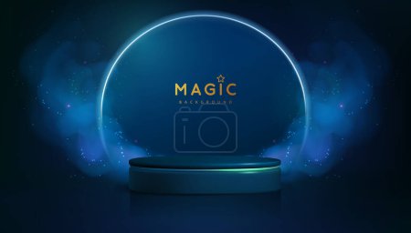 Illustration for Magic blue showcase background with 3d podium and blue fog or steam. Glowing shiny trail. Vector illustration - Royalty Free Image