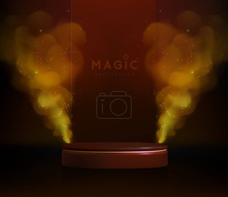 Téléchargez les illustrations : Fond de vitrine rouge magique avec podium 3D et brouillard doré ou vapeur. Sentier lumineux et brillant. Illustration vectorielle - en licence libre de droit
