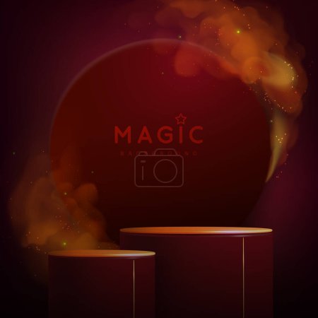 Téléchargez les illustrations : Fond de vitrine rouge magique avec podium 3D et brouillard doré ou vapeur. Sentier lumineux et brillant. Illustration vectorielle - en licence libre de droit