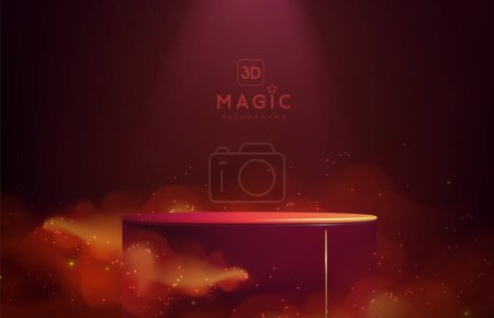 Ilustración de Fondo mágico de la vitrina roja con podio 3d y niebla dorada o vapor. Brillante rastro brillante. Ilustración vectorial - Imagen libre de derechos