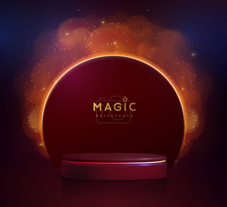 Illustration for Magic red showcase background with 3d podium and golden fog or steam. Glowing shiny trail. Vector illustration - Royalty Free Image