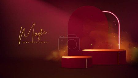 Illustration for Magic red showcase background with 3d podium and golden fog or steam. Glowing shiny trail. Vector illustration - Royalty Free Image