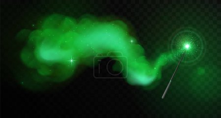 Illustration for Magic wand with green glowing shiny trail isolated on black transparent background. Vector illustration - Royalty Free Image