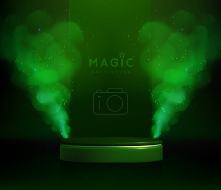 Illustration for Magic green showcase background with 3d podium and green fog or steam. Glowing shiny trail. Vector illustration - Royalty Free Image