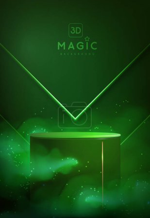 Illustration for Magic green showcase background with 3d podium and green fog or steam. Glowing shiny trail. Vector illustration - Royalty Free Image