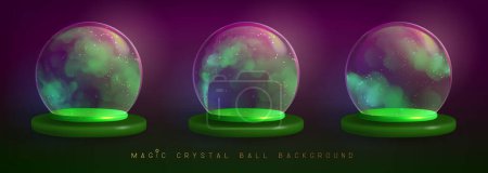 Téléchargez les illustrations : Ensemble de boules de cristal magiques en verre avec fumée verte ou vapeur à l'intérieur. Illustration vectorielle - en licence libre de droit