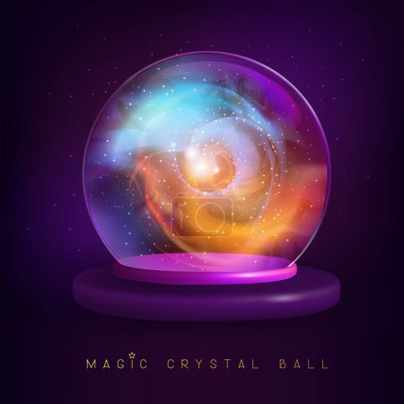 Ilustración de Bola de cristal mágico con flujo azul y oro brillante humo o vapor en el interior. Ilustración vectorial - Imagen libre de derechos