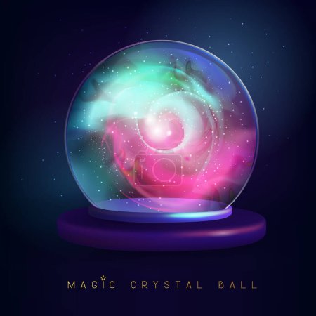 Téléchargez les illustrations : Boule de cristal magique en verre avec de la fumée ou de la vapeur scintillante bleue et rouge à l'intérieur. Illustration vectorielle - en licence libre de droit