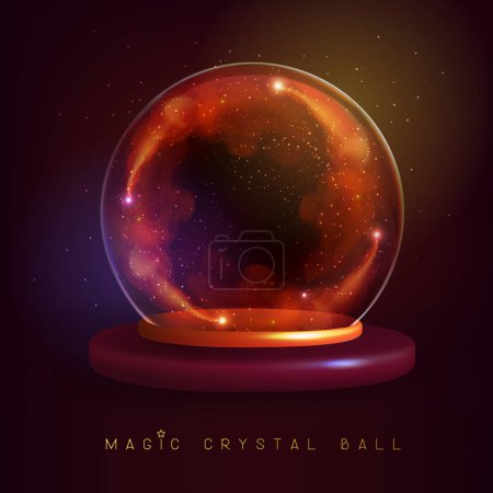 Téléchargez les illustrations : Boule de cristal magique en verre avec de la fumée ou de la vapeur scintillantes d'or à l'intérieur. Illustration vectorielle - en licence libre de droit