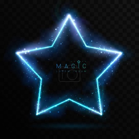 Illustration for Magic blue glowing neon star shape isolated on black transparent background. Vector illustration - Royalty Free Image