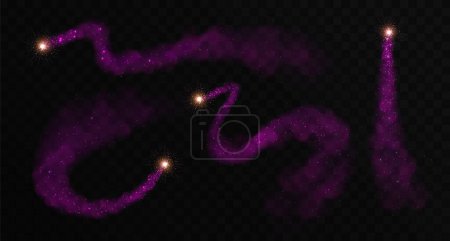 Illustration for Set of Magic violet glowing shiny trails isolated on black transparent background. Vector illustration - Royalty Free Image