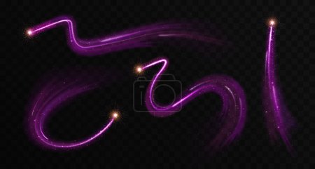 Illustration for Set of Magic violet glowing shiny trails isolated on black transparent background. Vector illustration - Royalty Free Image