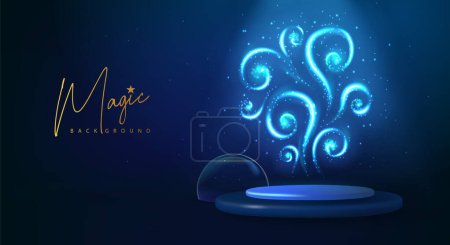 Illustration for Magic blue glowing shiny trail or magic spirals on 3d stage showcase background. Vector illustration - Royalty Free Image