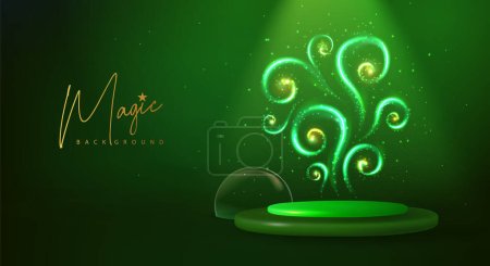 Illustration for Magic green glowing shiny trail or magic spirals on 3d stage showcase background. Vector illustration - Royalty Free Image