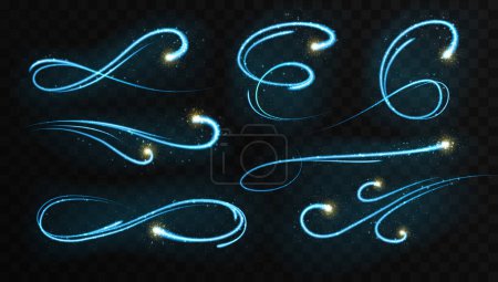 Illustration for Set of Magic blue glowing shiny trail isolated on black transparent background. Vector illustration - Royalty Free Image