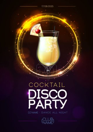 Illustration for Disco modern cocktail party poster with neon golden sphere and realistic 3d pina colada cocktail. Vector illustration - Royalty Free Image