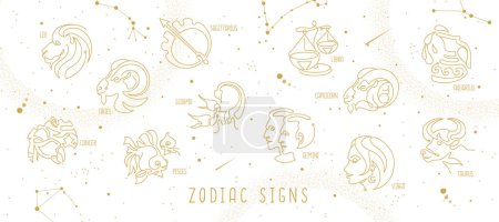 Ilustración de Magia moderna brujería astrología fondo con constelaciones del zodíaco en el cielo. Ilustración vectorial - Imagen libre de derechos